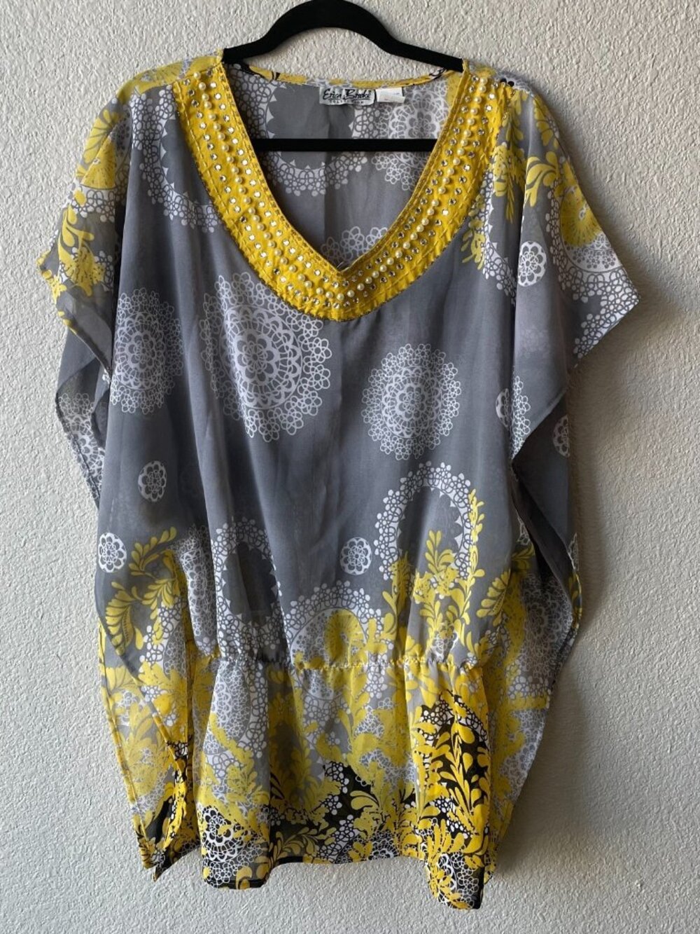 Erica Brooke Collection Women's Top Plus Size 14 Gray Yellow V-Neck Sheer Blouse